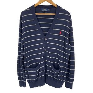 Polo‎ Ralph Lauren Mens Navy Striped Pima Cotton V Neck Cardigan Sweater Size L